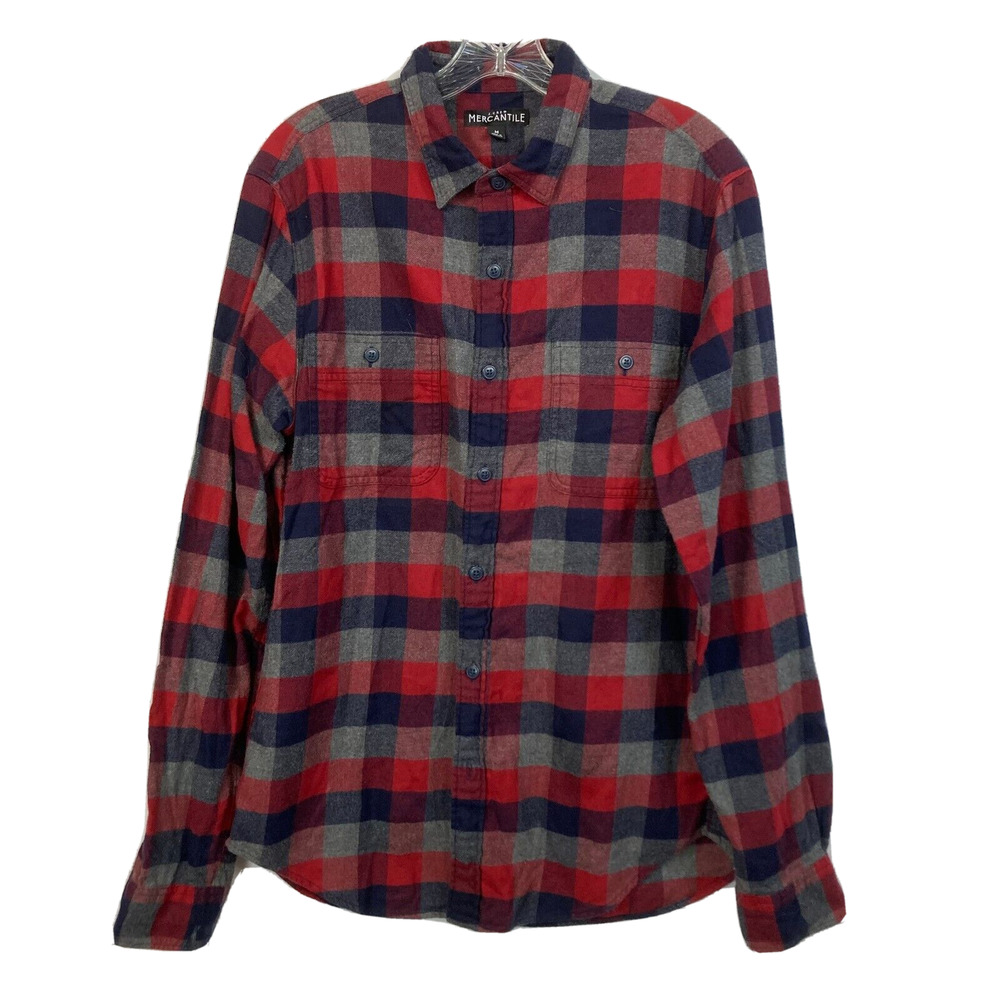J. Crew Mercantile Shirt Mens Sz M Blue Red Gray Check Cotton Flannel‎ Button Up